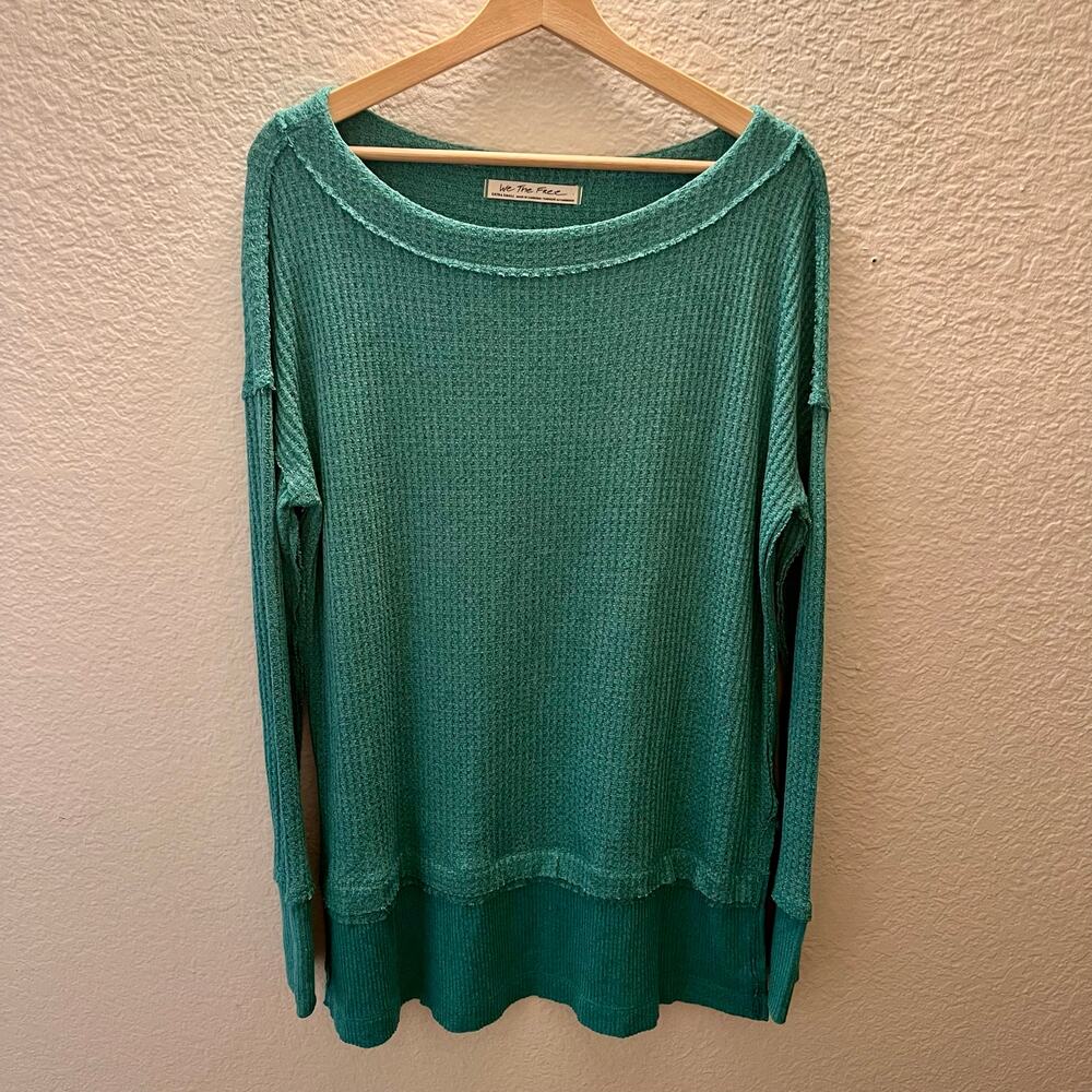 Free People We The Free Waffle Knit Thermal Long Sleeve Top Teal Green XS Boho - Picture 2 of 11